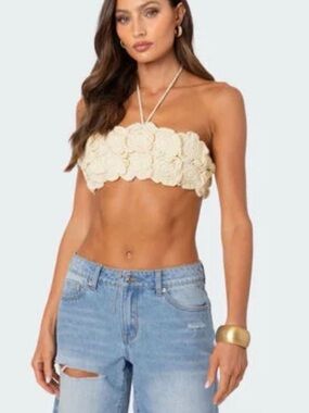 Vacation Edition: Cream Crochet Floral Bandeau Halter Top From Edikted